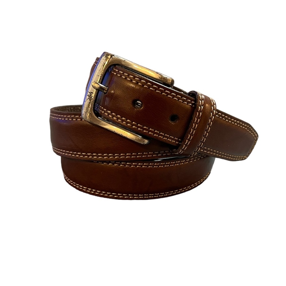 DOCKERS Men's Brown Leather Belt Silvertone Buckle - Size 42